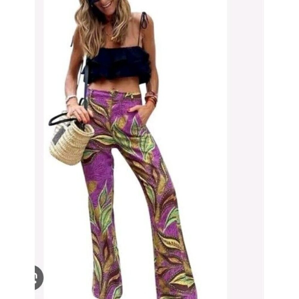 Zara Linen Blend Leaf Print Wide Leg Trouser Women's Size M  7852 604